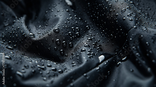 Black Waterproof Fabric Texture, High-Resolution, Detail of Water Droplets