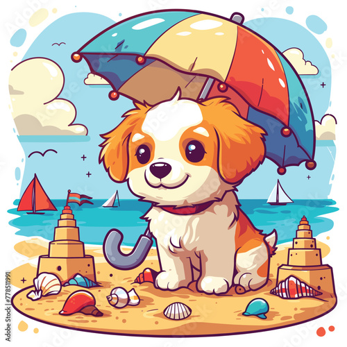 A playful graphic of a dog enjoying a day at the beach, with sandcastles, seashells, and a colorful umbrella set up for shade, Vector, Cartoon , T - shirt design © Alex Cuong