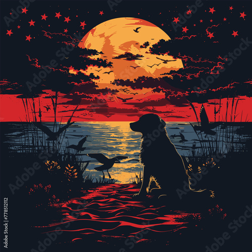 A stylized silhouette of a dog chasing seagulls on a sandy beach at sunset, capturing the beauty of summer evenings, Vector, Cartoon , T - shirt design
