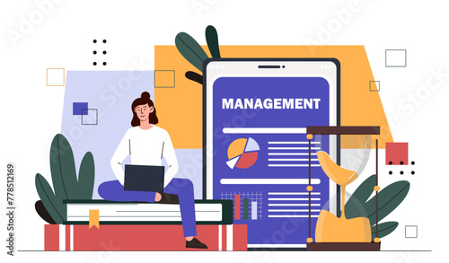 Woman with tasks management. Time management and organization of efficient work process. Young girl with laptop sitting at stack of books. Hardworking businesswoman. Cartoon flat vector illustration