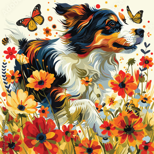 A vibrant design showcasing a dog running through fields of blooming wildflowers, with butterflies fluttering and bees buzzing around them, Vector, Cartoon , T - shirt design