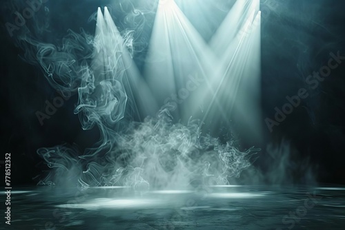 Dramatic stage with white smoke and spotlight, creating a captivating and theatrical atmosphere, digital illustration