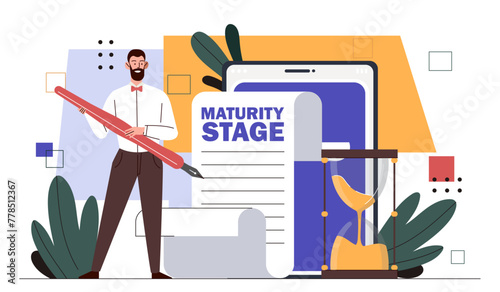 Maturity stage online concept. Businessman with pencil near document. Office worker and employee with deal. Quality business solution. Cartoon flat vector illustration isolated on white background