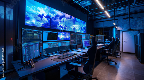Advanced Security Operations Center, Multiple Computer Screens, High-Tech Network Monitoring