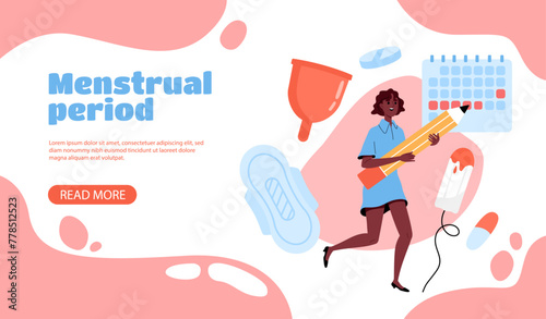 Menstrual period poster. Woman with sanitary pad near calendar. Fertility and ovulation, menstruation. Female reproductive system. Landing webpage design. Cartoon flat vector illustration