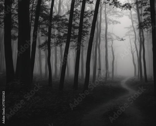 A path through a dense forest with tall trees on either side.