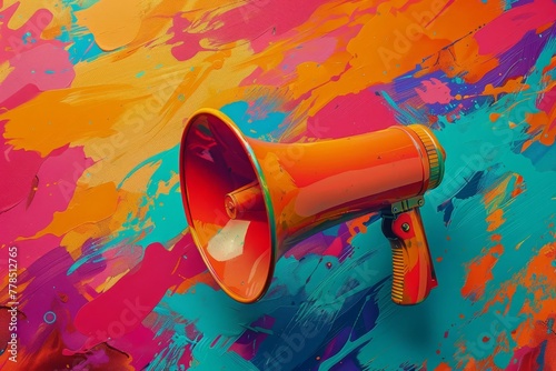 Eye-catching megaphone on vibrant colorful background, symbolizing effective marketing and advertising strategies, digital art © Lucija