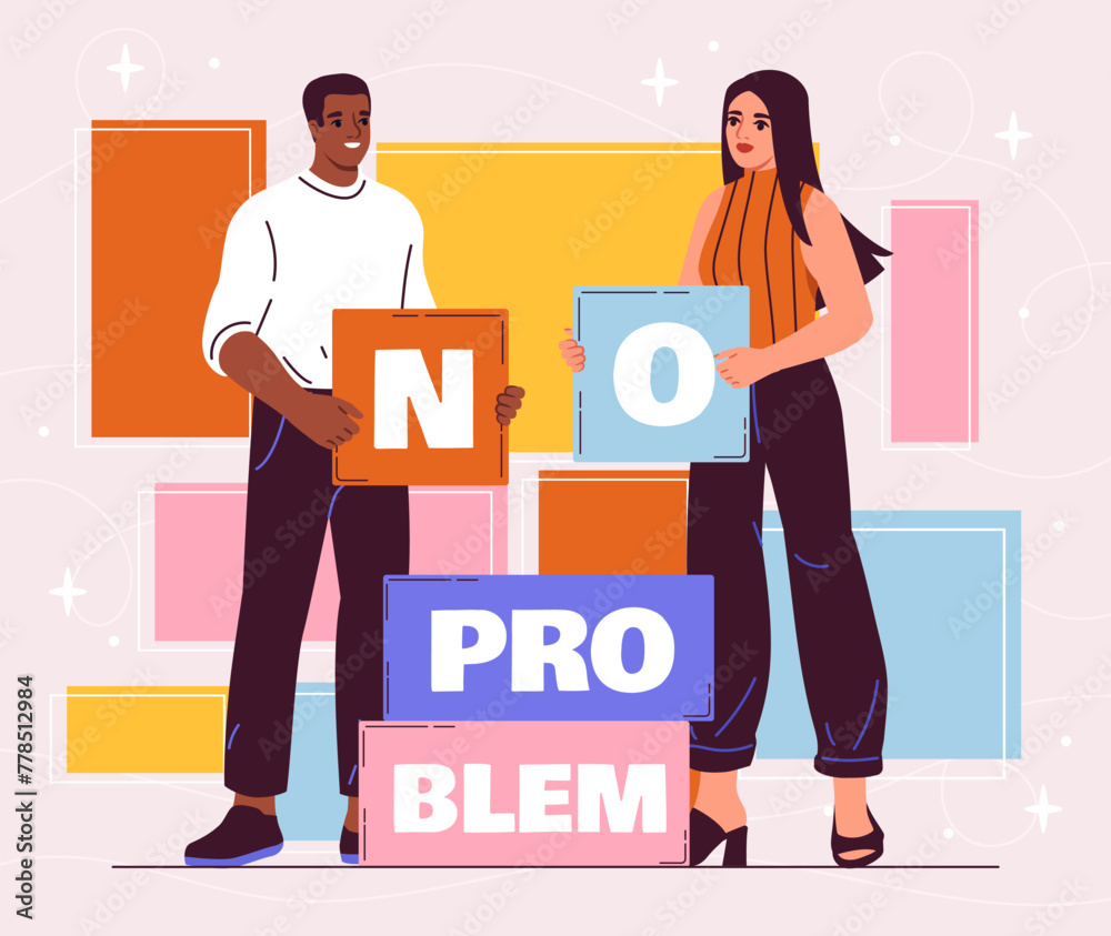 Fototapeta premium No problem people concept. Man and woman with letters and inscriptions. Positive and optimism. Good feelings and emotions, mood. Cartoon flat vector illustration isolated on pink background