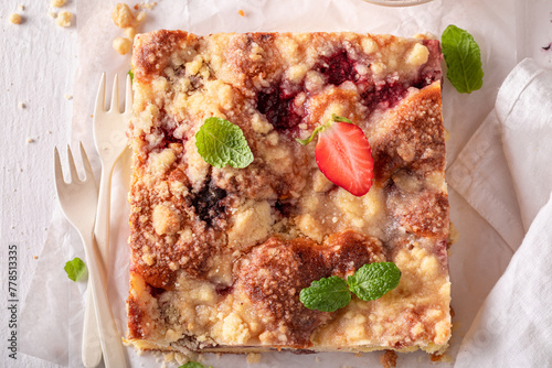 Sweet and delicious strawberry yeast cake as spring dessert. © shaiith