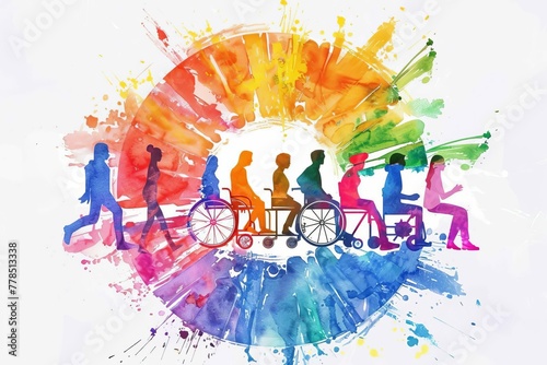 Diverse people on colorful wheelchair wheel, disability awareness watercolor painting illustration photo