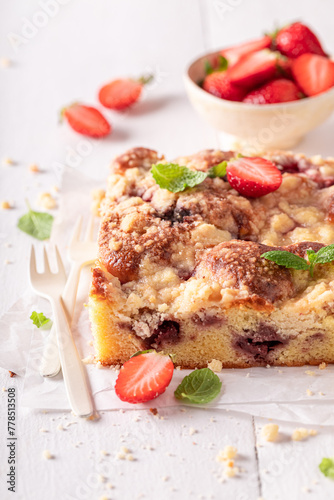 Sweet and delicious strawberry yeast cake freshly baked at home.