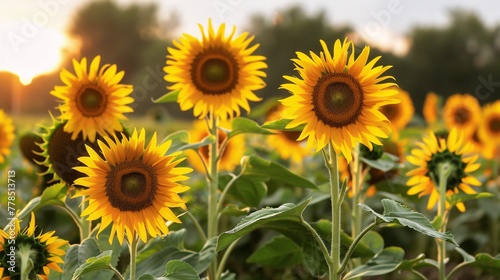 Blooming sunflower crop field