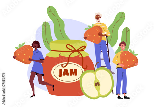 People create jam concept. Men and woman with fruits and strawberries. Dessert and delicacy from natural and organic products. Cartoon flat vector illustration isolated on white background
