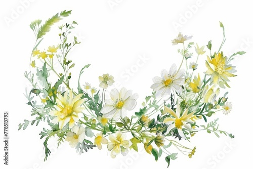 Delicate watercolor wreath of yellow and white meadow flowers, summer floral illustration