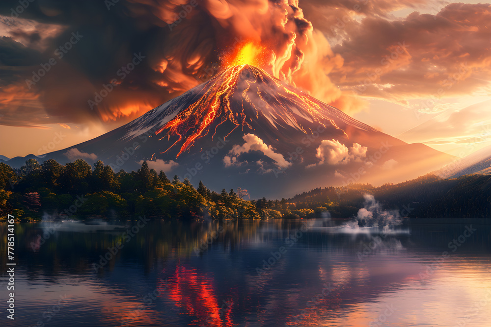 Stunning Spectacle of Mighty Mount Fuji's Fiery Eruption Amid Serene Scenic Setting