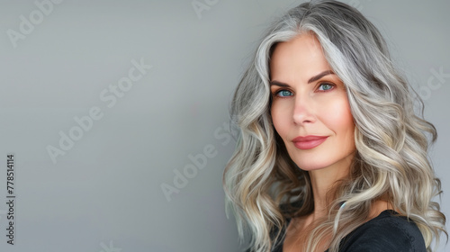 Mature beautiful woman with long gray hair looks at the camera.