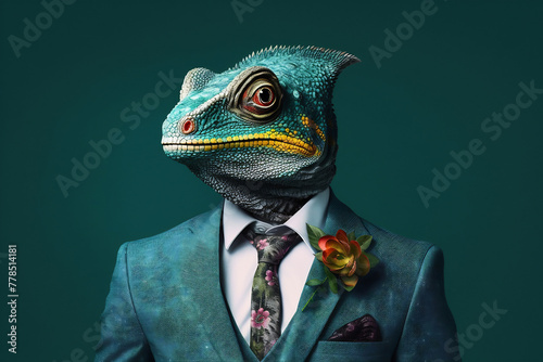 Chameleon in a green jacket and tie