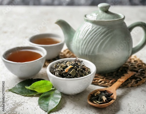 Teapot with cups, bowl of dry tea and leaves on white grunge background 