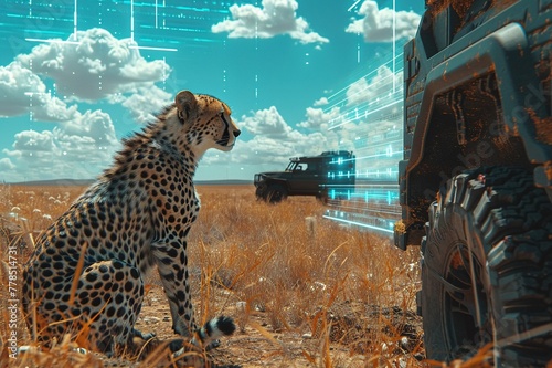 A virtual safari where holographic cheetahs race against unmanned ground vehicles on a digital savannah photo
