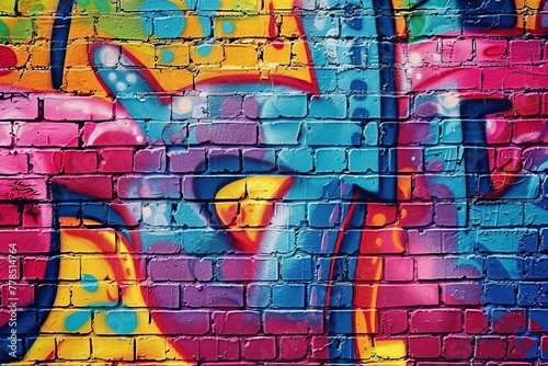 Colorful graffiti on brick wall, urban street art, vibrant youth culture, photography
