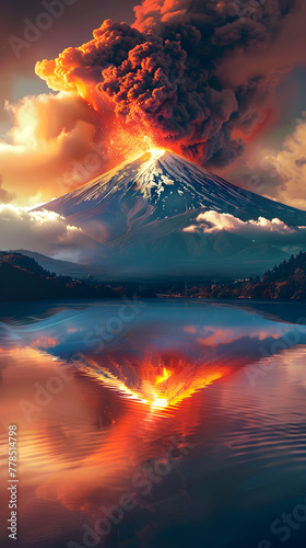 Stunning Spectacle of Mighty Mount Fuji's Fiery Eruption Amid Serene Scenic Setting © Curtis