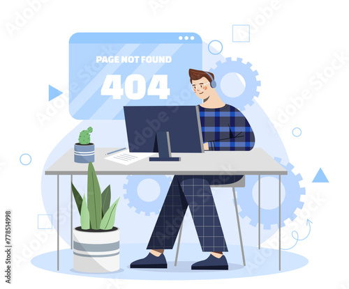 Request timeout concept. Man in headphones sitting at computer. Technical support for clients and users. Programmer and IT specialists. Cartoon flat vector illustration isolated on white background