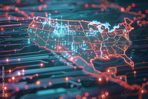 Global Connectivity Digital Map of USA with Data Transfer and Cyber Technology, 3D Illustration