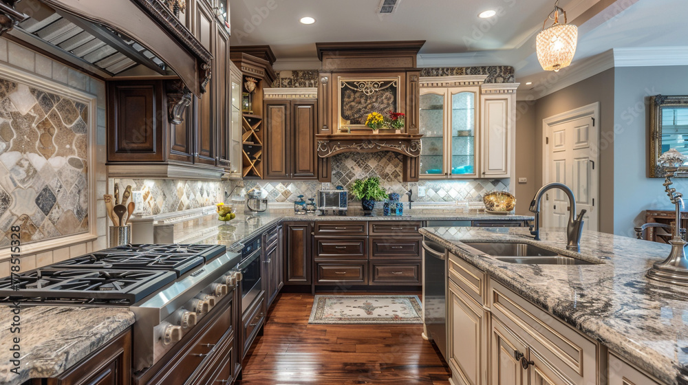 A classic Victorian kitchen with ornate crown molding and a contemporary glass backsplash adding a touch of modern flair