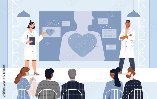 Scientific conference concept. Man and girl in medical uniform performing at scene. Education and public speaking. Lecture about medicine. Cartoon flat vector illustration isolated on white background