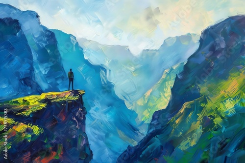 Hiker Silhouette at Mountain Summit, Breathtaking Cliff and Valley Landscape, Oil Painting