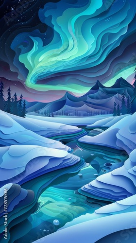 Northern Lights Winter Mountain Snow Night Landscape Paper Cut Phone Wallpaper Background Illustration 