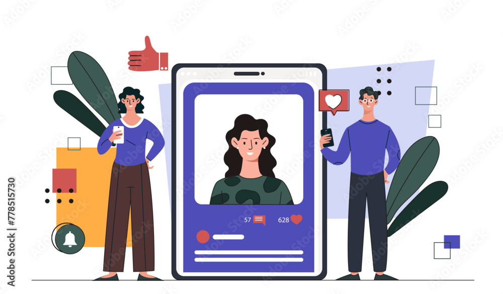 Social media promotion. Man and woman with promotion on social networks. Advertising and marketing on internet. SEO and SMM specialists. Cartoon flat vector illustration isolated on white background