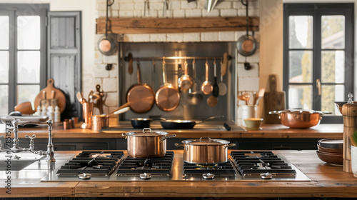 A rustic farmhouse kitchen featuring antique copper cookware alongside state-of-the-art induction cooktops