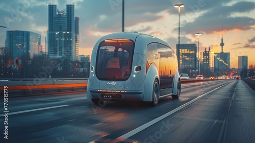 Futuristic Self-Driving Van Moving on a Highway in a Modern City