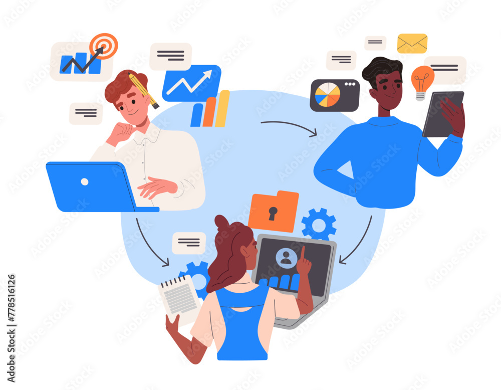 Distant teamwork concept. Men and woman work at common project. Workers with statistics and infographics. Remote workers and freelancers. Cartoon flat vector illustration isolated on white background Distant teamwork concept. Men and woman work at common project. Workers with statistics and infographics. Remote workers and freelancers. Cartoon flat vector illustration isolated on white background