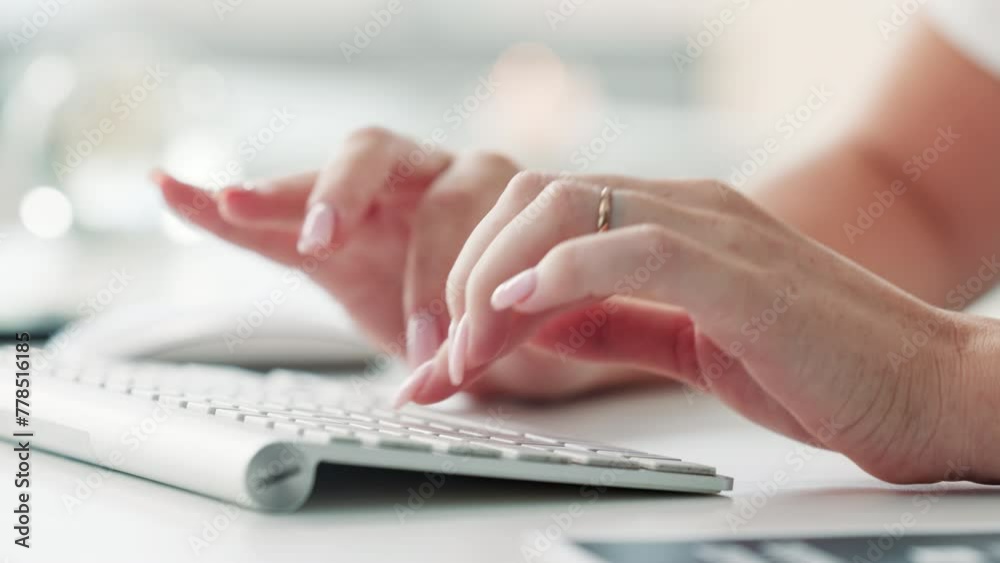 Woman, office and hands with typing on keyboard for research project, article planning or editing. Journalist, fingers and technology at creative job with web, brainstorming or browse online for idea