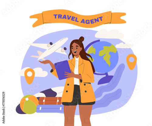 Travel agent woman. Young girl with globe and airplane, luggage. Assistant and consultant give advice for travelers and tourists. Cartoon flat vector illustration isolated on white background