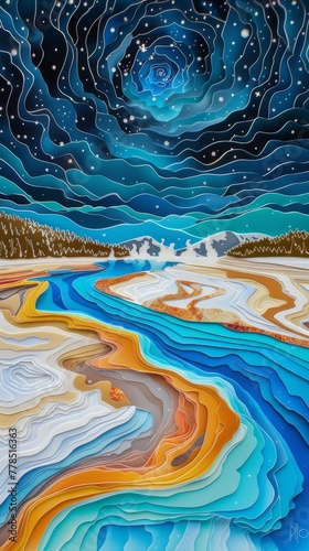 Yellowstone Prismatic Spring Winter Night Landscape Paper Cut Phone Wallpaper Background Illustration  