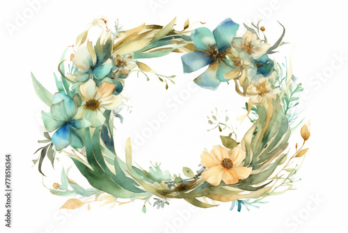 Wreath of flowers. Watercolor painting. Greeting card with flowers. Can be used as an invitation card for wedding, birthday and other holiday and summer background