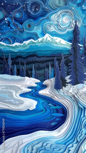 Yellowstone Prismatic Spring Winter Night Landscape Paper Cut Phone Wallpaper Background Illustration	
