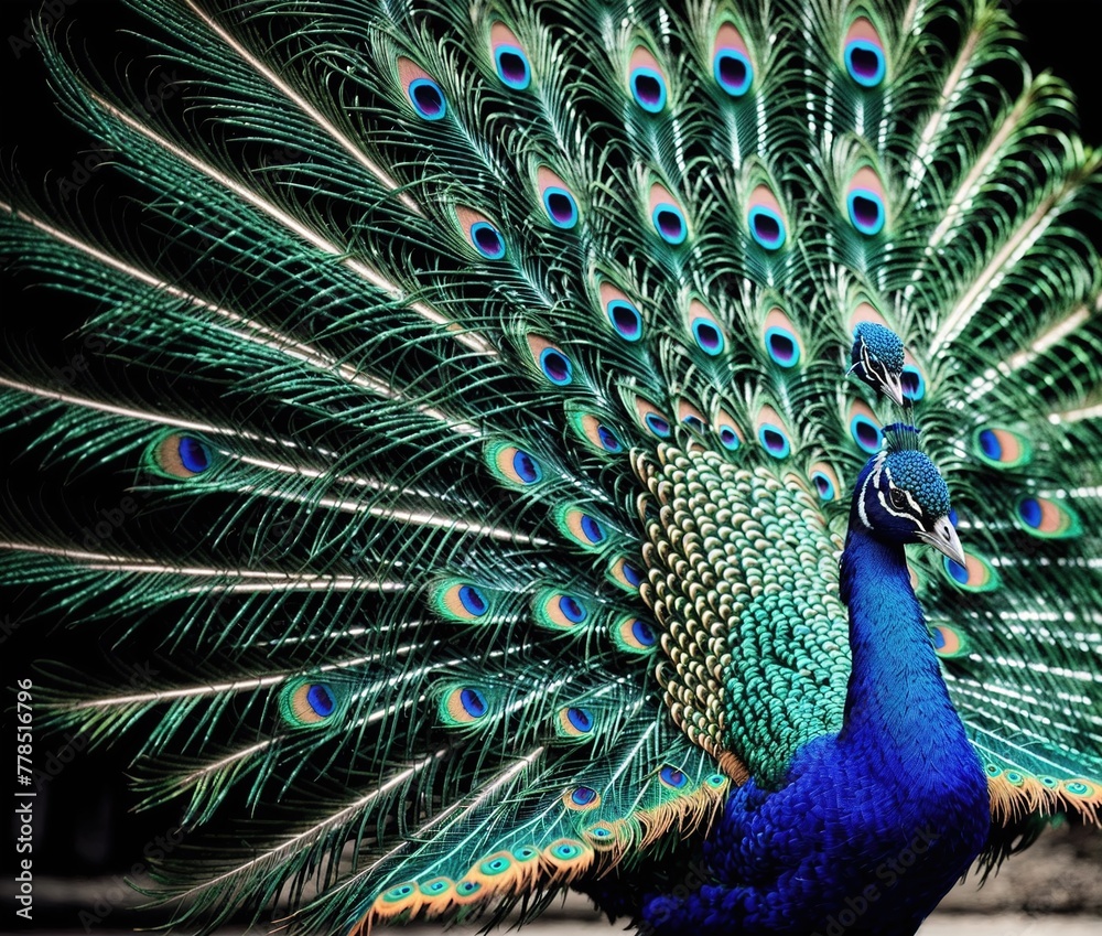 Obraz premium A peacock with its feathers spread out in a beautiful display of color.