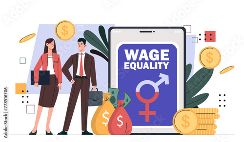 Wage equality concept. Man and woman with banknotes and golden coins. Stop gender discrimination and sexism. Tolerance and unity. Cartoon flat vector illustration isolated on white background
