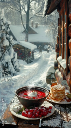 A cozy Russian winter scene with a steaming bowl of borscht garnished with sour cream and dill  a plate of pelmeni with butter and vinegar  and a stack of blini with honey and berries