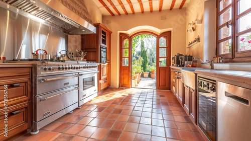 A traditional Tuscan kitchen with terracotta tile floors and sleek stainless steel appliances seamlessly combining rustic elegance with modern functionality