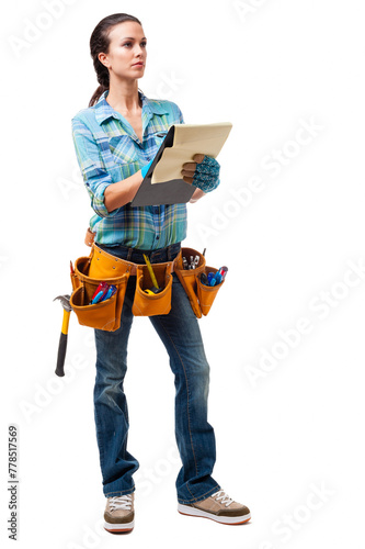 Woman Construction Contractor Carpenter on White