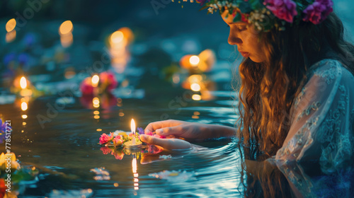 Beautiful Slavic young woman in a wreath of flowers and a candle in the water. Midsummer day, Saint John's Day, Ivana kupala concept photo