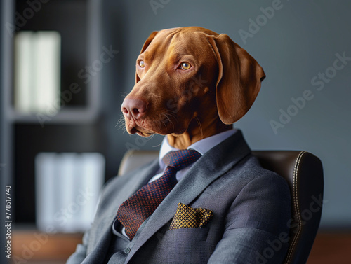 Mature Dog Boss wearing Formal Business Suit sitting and thinking in Modern Office as a Successful Leader in the Company managing Employees at work. Manager and Employer. Professional Executive.
