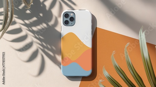 Top view of smartphone with colorful case on colorful background with palm leaves and shadows top view. Mock up  photo