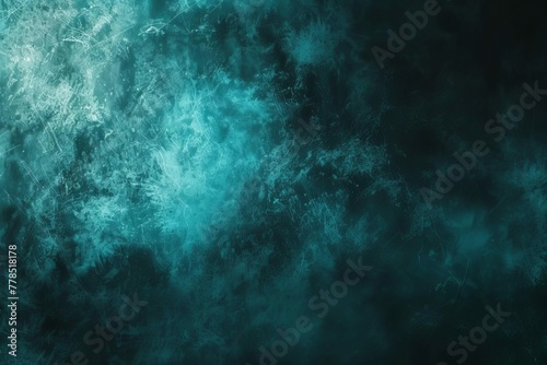 Abstract Teal and Black Gradient Background with Grainy Noise Texture and Bright Glow, Grunge Digital Art © Lucija