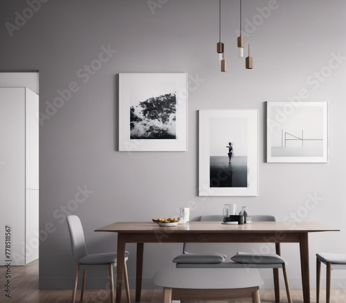 A dining room with a wooden table and chairs  a white wall with three black and white photographs hanging on it  and a